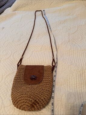Timmy Woods Brown Woven Crossbody Bag nick on flap stain on bottom